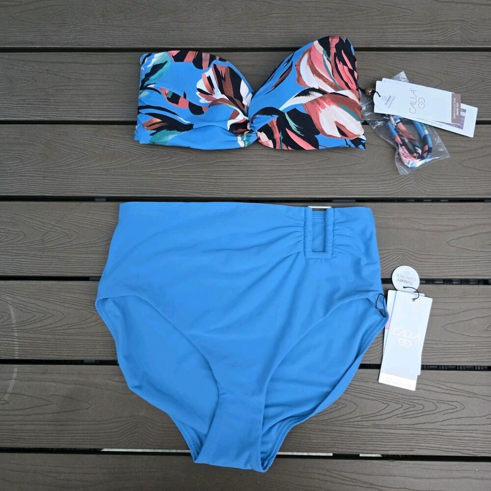 CALIA Women's Tranquil Blue Floral Twisted Bandeau & High Rise Bikini Sz XS New
